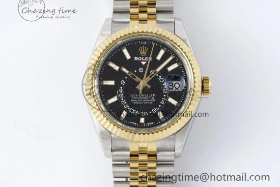 1224 Skydweller SS YG Noob Best Edition Black Dial on SS YG Jubilee Bracelet A23J Efficient 2122